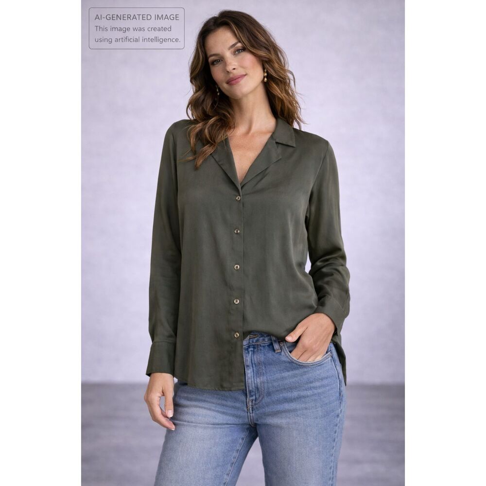 Quince Olive Green Button Front Blouse Silk Feel Long Sleeve Top Women’s S